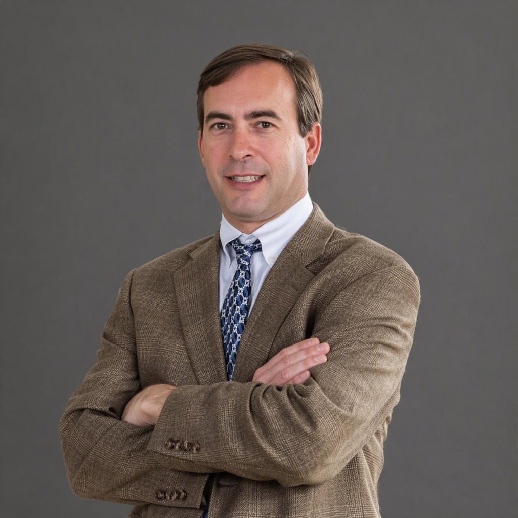 Professional portrait of a man in a brown blazer with arms crossed against a gray background.