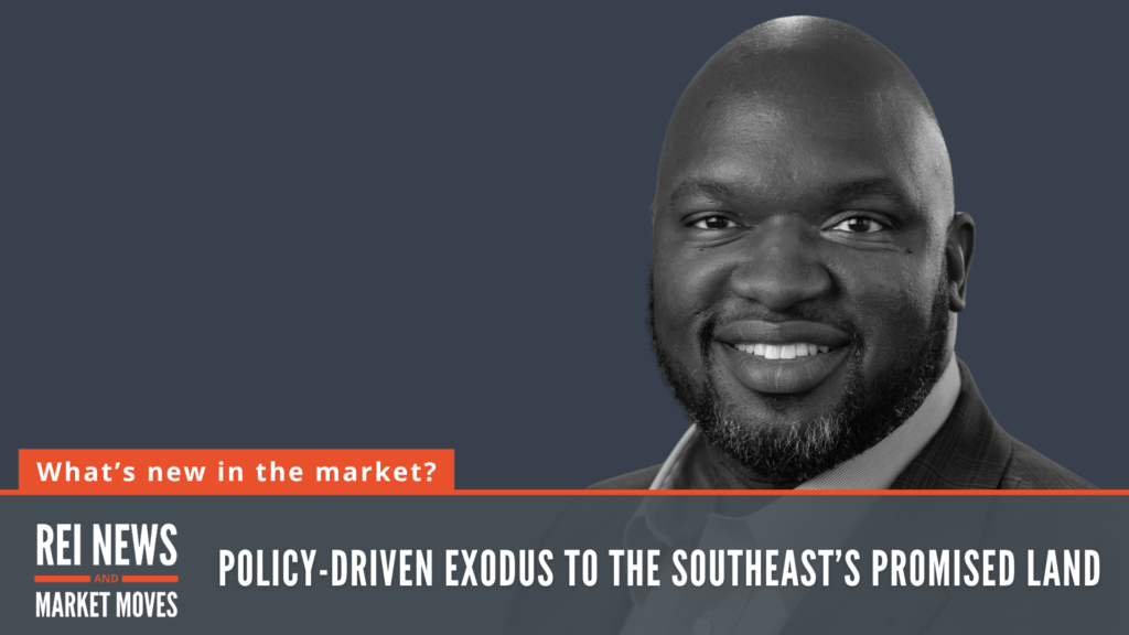 Close-up portrait of a smiling man in a suit on a dark blue background with an orange banner reading “What’s new in the market?”