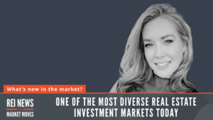 Businesswoman portrait on a dark blue banner with an orange 'What's new in the market?' ribbon and a bold white headline about real estate investment markets today