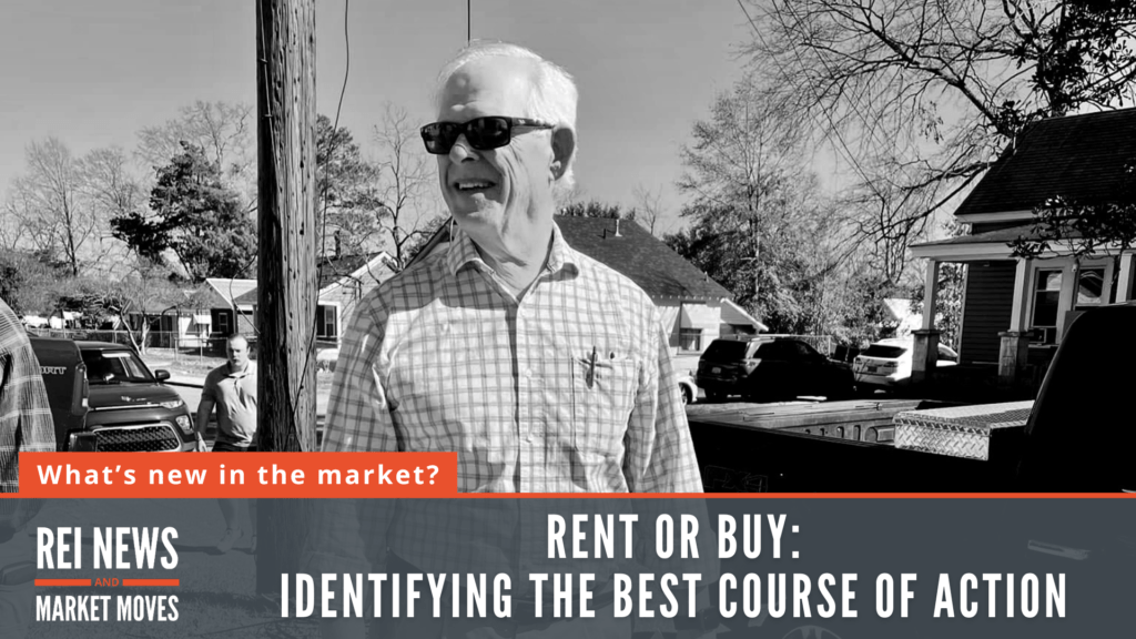 Older man with white hair and sunglasses stands on a suburban street, plaid shirt, with an orange banner reading 'What’s new in the market?'