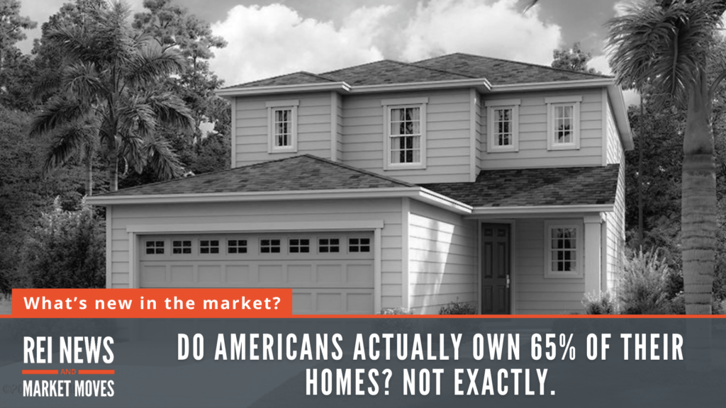 Grayscale photo of a two-story house with an orange banner reading 'What’s new in the market?' overlaid headline text visible at bottom.