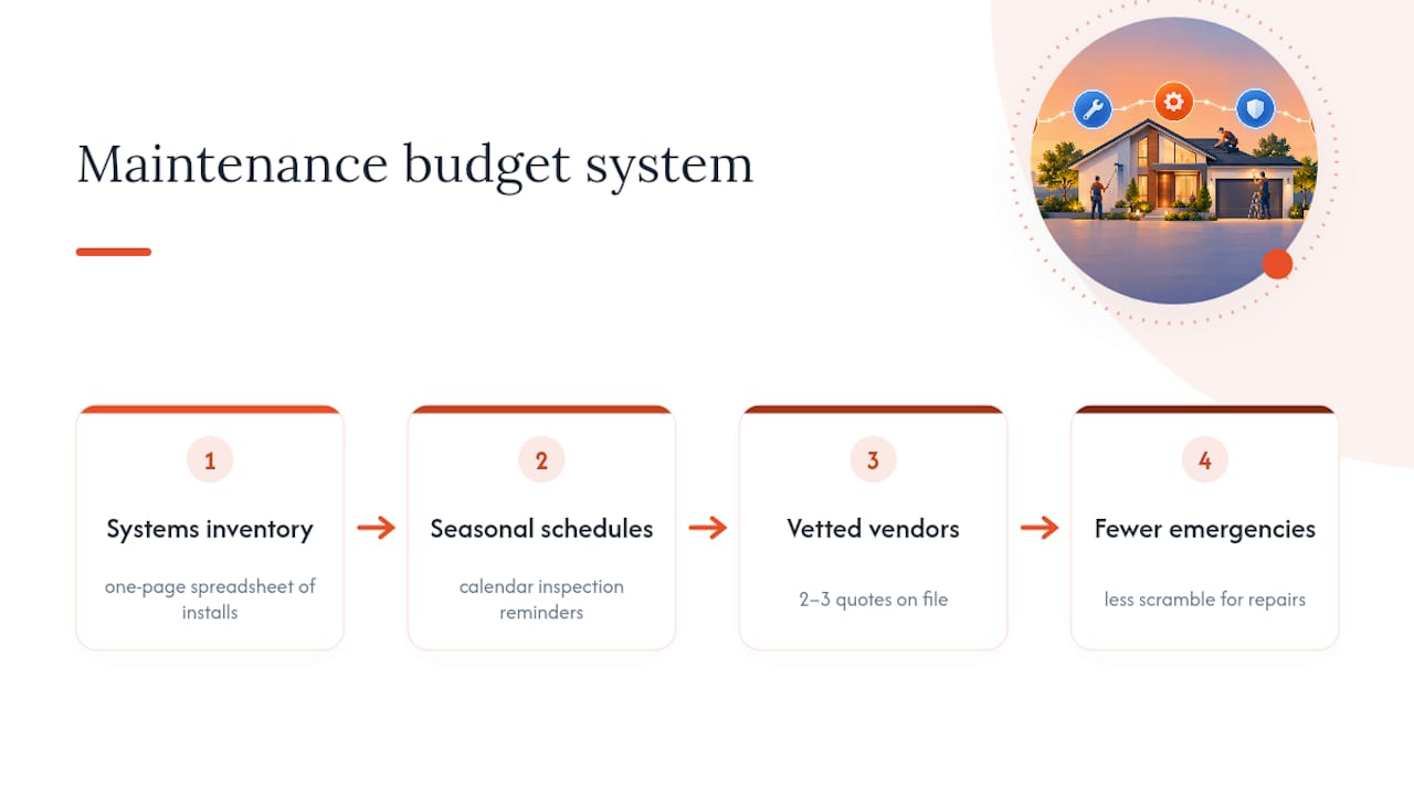 Maintenance budget system connecting inventories schedules vendors