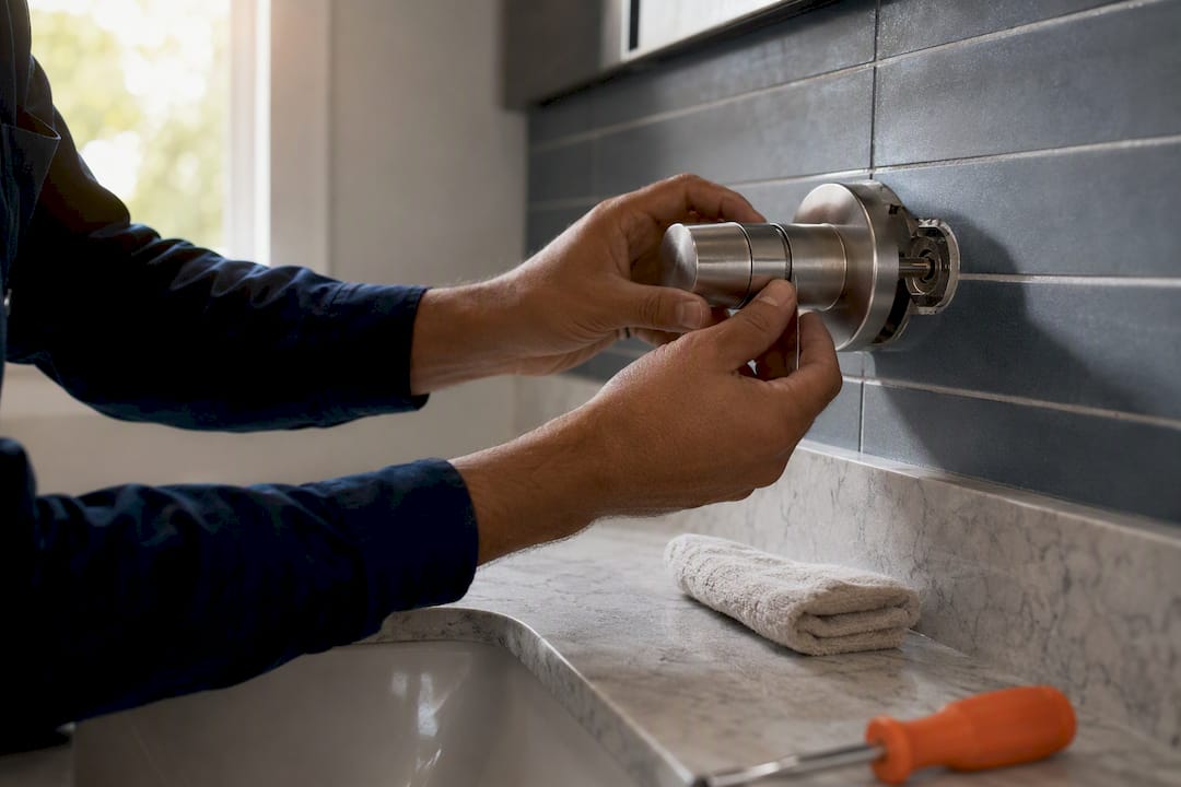Technician installing updated rental bathroom fixture