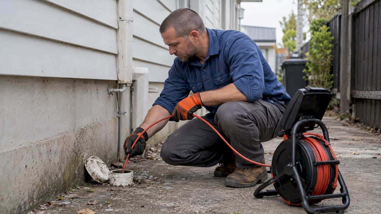Technician inspecting rental property sewer pipe