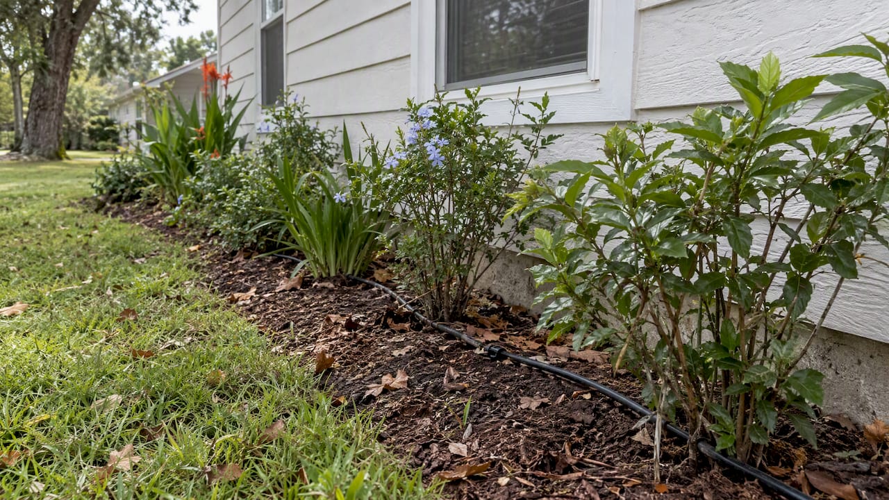 Drought-tolerant rental landscaping with drip irrigation